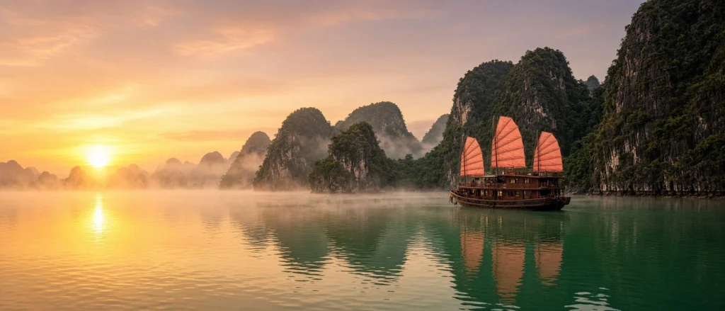 Junk boat with coral sails at sunrise in Lan Ha Bay, Vietnam