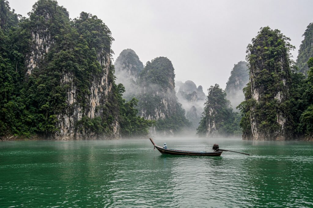 Limestone karst islands on Cheow Lan Lake in Khao Sok National Park, southern Thailand