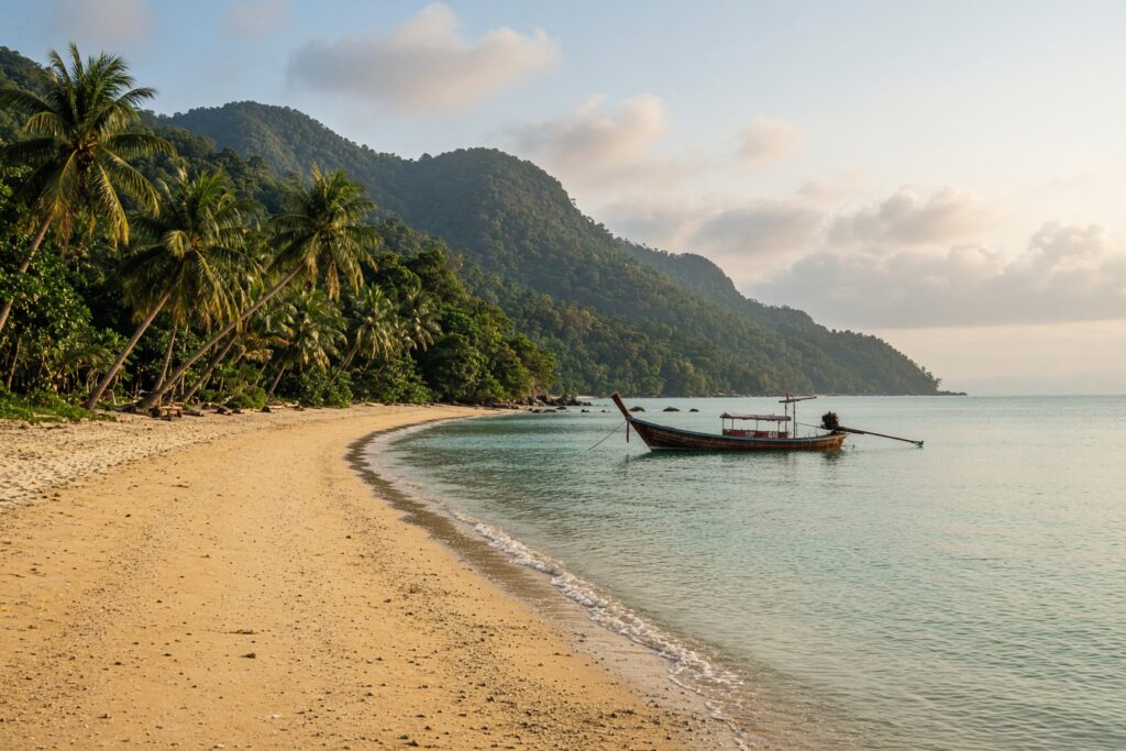 A quiet beach on Koh Chang island in the Gulf of Thailand, below jungle-covered mountains