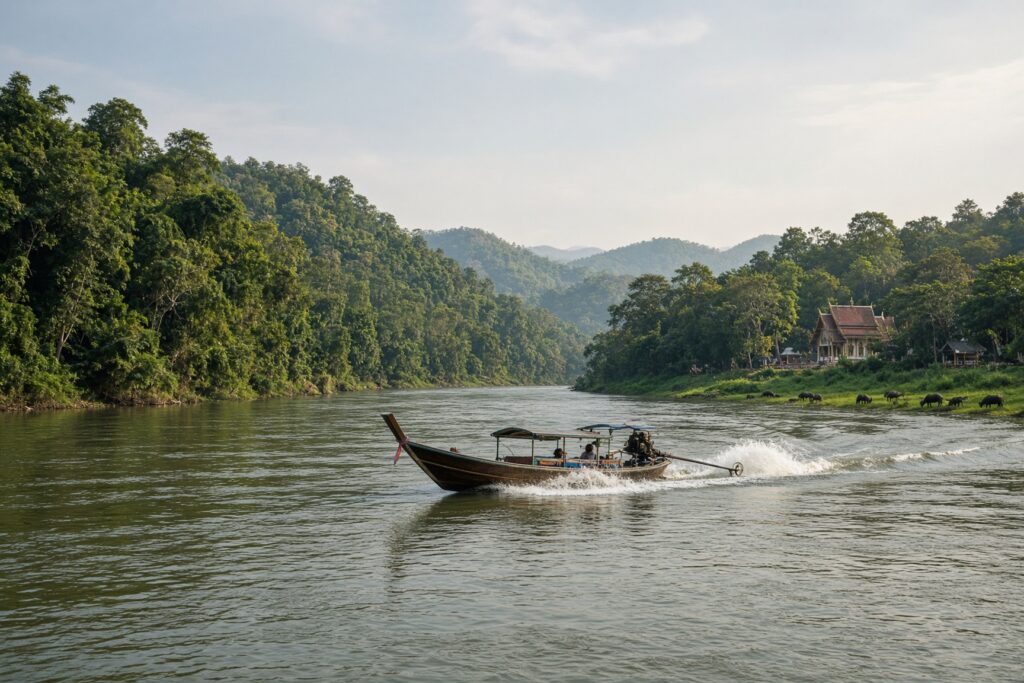 A long-tail boat on the Kok River near Chiang Rai, northern Thailand, between jungle-covered hills