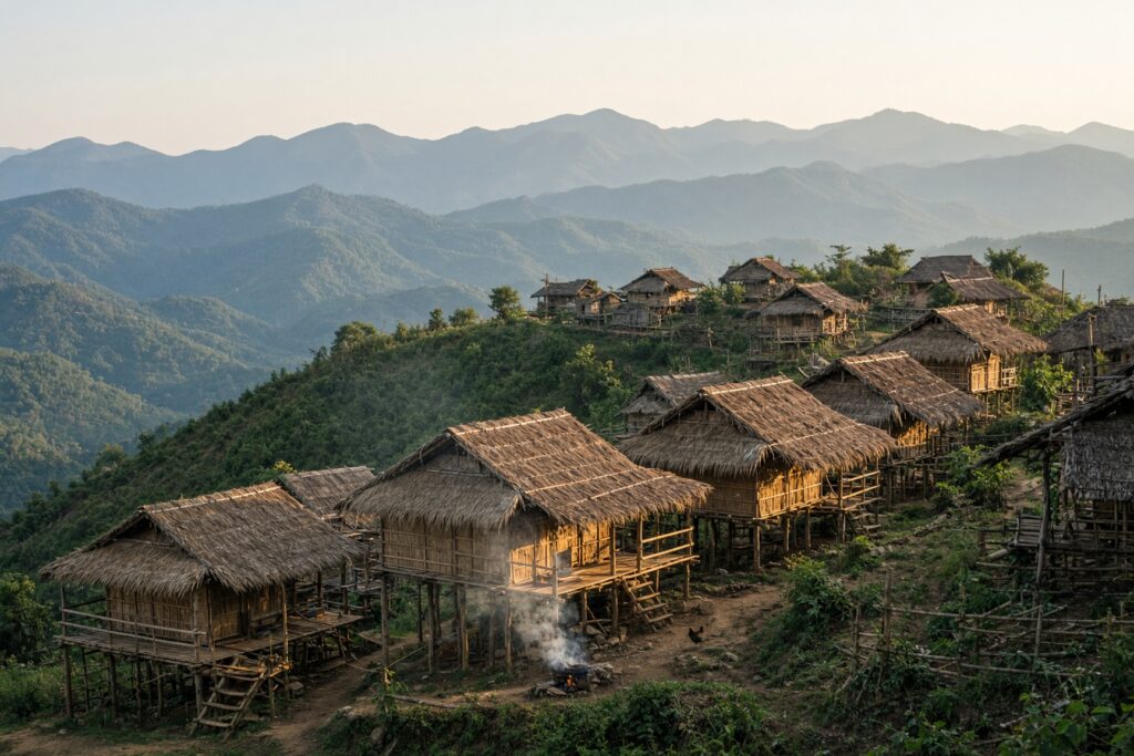 A Lahu hill tribe village of bamboo houses on a mountain ridge north of Chiang Mai, Thailand