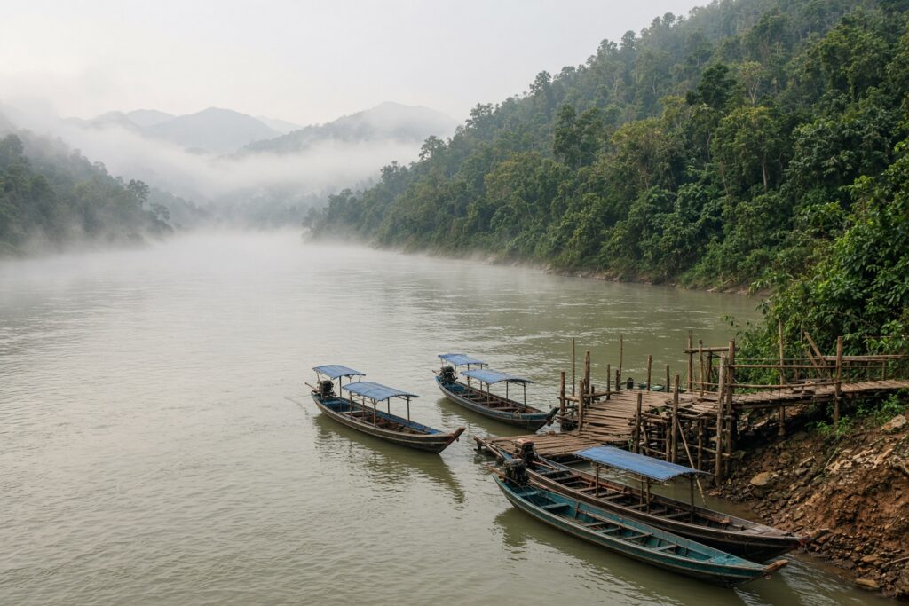 The Salween River at Mae Sam Laep on the Thailand and Myanmar border, long-tail boats below forested mountains